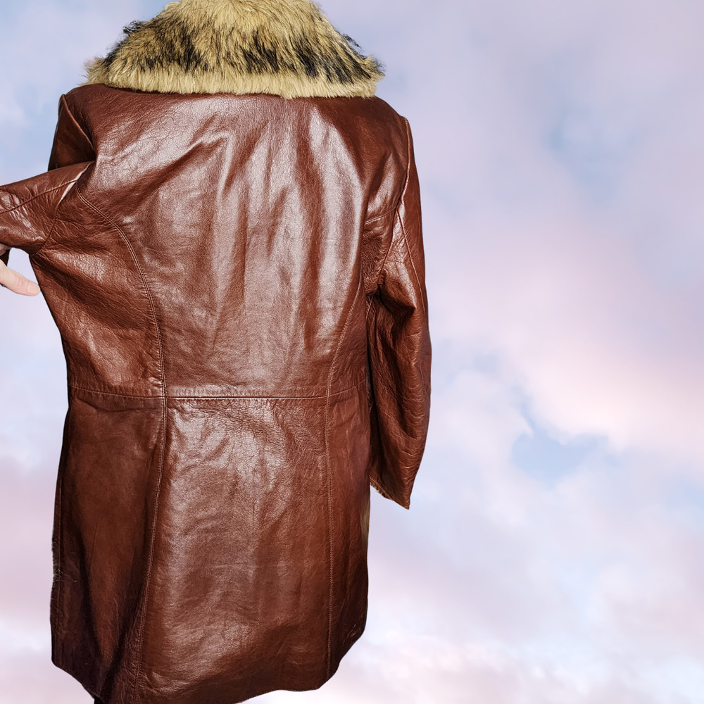 Vtg 90s Wilsons Leather Long Brown Faux Fur Collar Pennylane Trench Coat Sz L - Picture 5 of 8